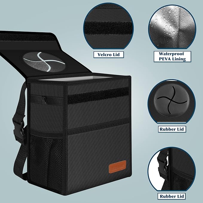 Femuar Leak Proof Car Trash Can with Lid - Waterproof Automotive Garbage Bin for SUVs, Collapsible and Portable Car Trash Bag, Black