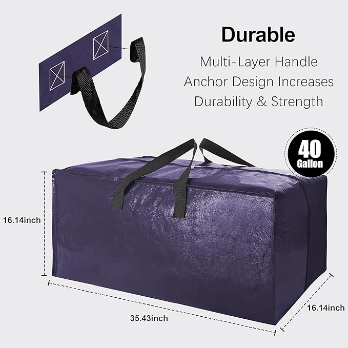 6 Pack Heavy Duty Extra Large Moving Bags W/Backpack Straps - Strong Handles & Zippers, Storage Totes For Space Saving, Fold 