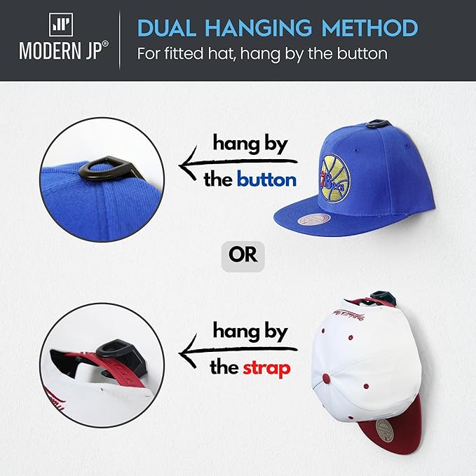 Modern JP Adhesive Hat Hooks for Wall (32-Pack) - Hat Rack for Baseball Caps, Minimalist Hat Display, Strong Hold Hat Hangers