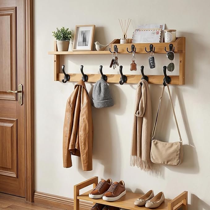 Coat Rack Wall Mount with Shelf, 27.5" Entryway Wall Hanging Shelf, Coat and Key Hanger with 10 Dual Hooks, Mail Organizer an