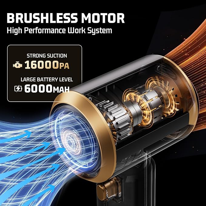 Cordless Car Vacuum Cleaner: Handheld Vacuum with 16000Pa Strong Suction, Brushless Motor & HEPA Filter, 7-in-1 Cleaning Kit,