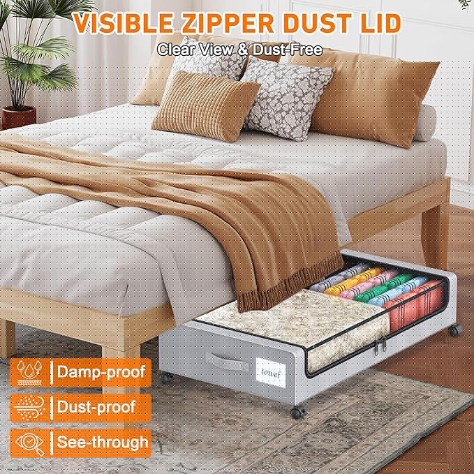 Under Bed Storage with Wheels, 2 Pack Under Bed Storage Containers with Dividers & Clear Lids, XXL 65L Under the bed storage 