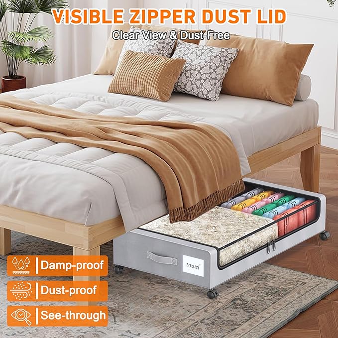 Under Bed Storage with Wheels, 2-Pack Under Bed Storage Containers with Clear Lids, XXL 60L Under the bed storage Organizer B