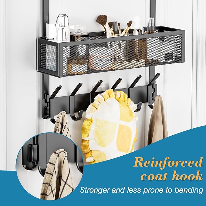 Over The Door Hooks Organizer, Over The Door Towel Rack with 12 Coat Hooks and 2 Mesh Basket, Bathroom Door Organizer Back of