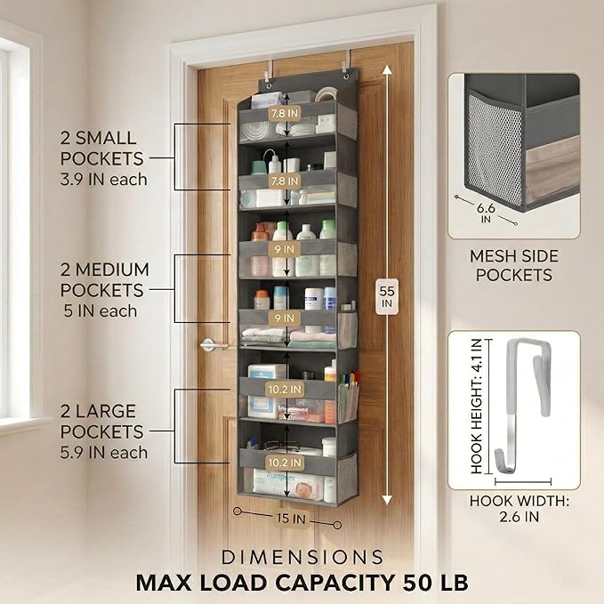 HOMELUX THEORY UPGRADED 6 Tiers Over The Door Organizer Hanging - 100D EXTRA THICK & 50lbs HUGE CAPACITY, 12 Side Mesh Pocket