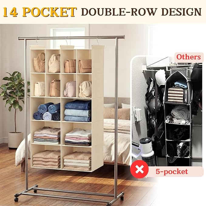 Ofiray-home 5 Tier Hanging Closet Organizer, 14 Compartments Sweater Organizer for Closet with 3 Sturdy Hooks, Closet Organiz