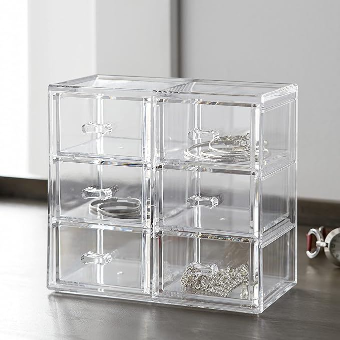 Huang Acrylic Stackable Upright 6-Drawer Jewelry Organizer Crystal Clear Acrylic | Makeup Jewelry Accessories Cosmetic Counte