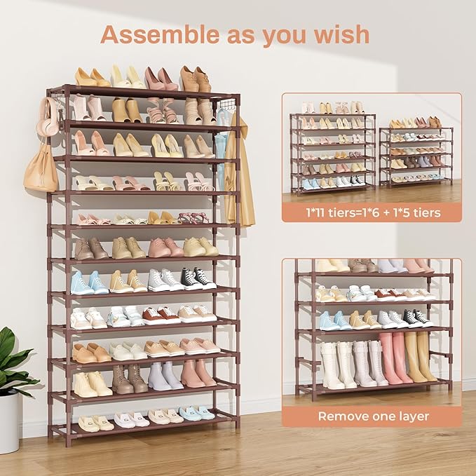 VILICK 11 Tiers Tall Wide Shoe Rack 55 Pairs Large Capacity Sturdy Durable Shoe Rack for Closet Metal Shoe Organizer Shelf wi