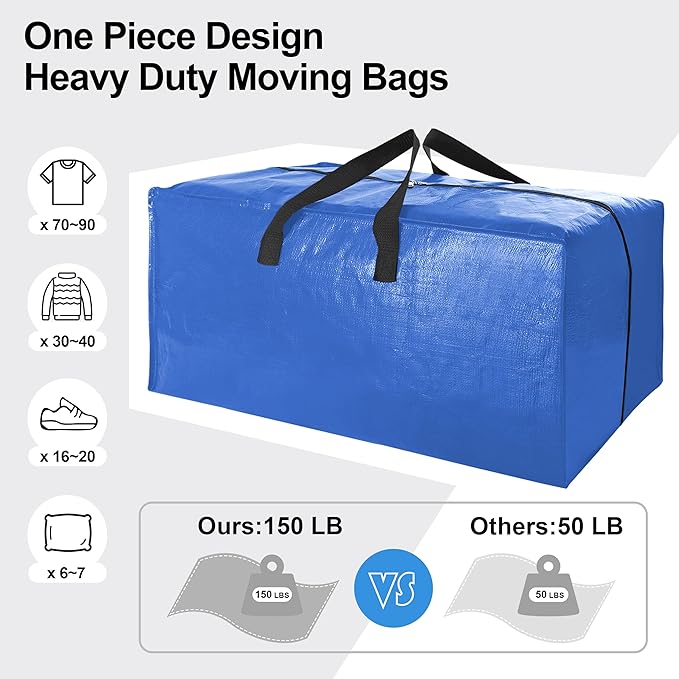 6 Pack Heavy Duty Extra Large Moving Bags W/Backpack Straps - Strong Handles & Zippers, Storage Totes For Space Saving, Fold 