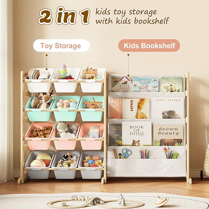 EXPERLAM Toy Storage Organizer with Bookshelf - 12 Storage Bins 4-Tier Multipurpose Shelf to Organize Toys and Books for Kids