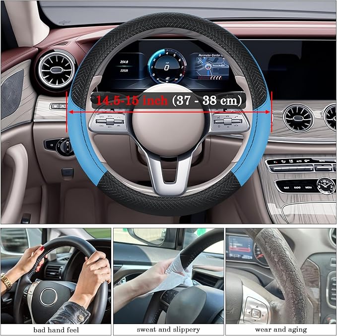 Black & Blue Car Steering Wheel Cover, Microfiber, Leather Patchwork, Universal 14.5-15 Inch Leather Anti-Slip Breathable Aut