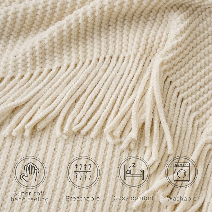 BATTILO HOME Beige Throw Blanket for Couch, Soft Chenille Knit Throws with Tassels for Home Decor, Spring Beige Throws for Co