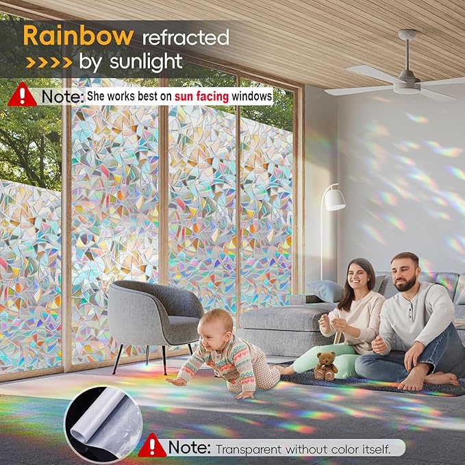 Rainbow Window Privacy Film Decorative, Stained Glass Tint for Home, 3D Decals Clings for Glass Windows, Static Cling Sticker, Suncatcher Cover, 23.6 Inch x 78.74 Inch