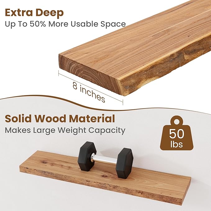 Floating Shelves for Wall Decor, Rustic Solid Elm Wood Live Edge Floating Shelves Wall Mounted, Wall Shelves with Invisible B