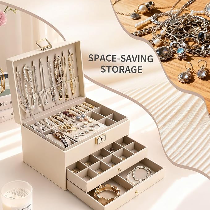 Greenfeather Jewelry Boxes for Women, Jewelry Organizer Box with Lid 3 Layers for Necklaces Rings Earrings and Bracelets Box 