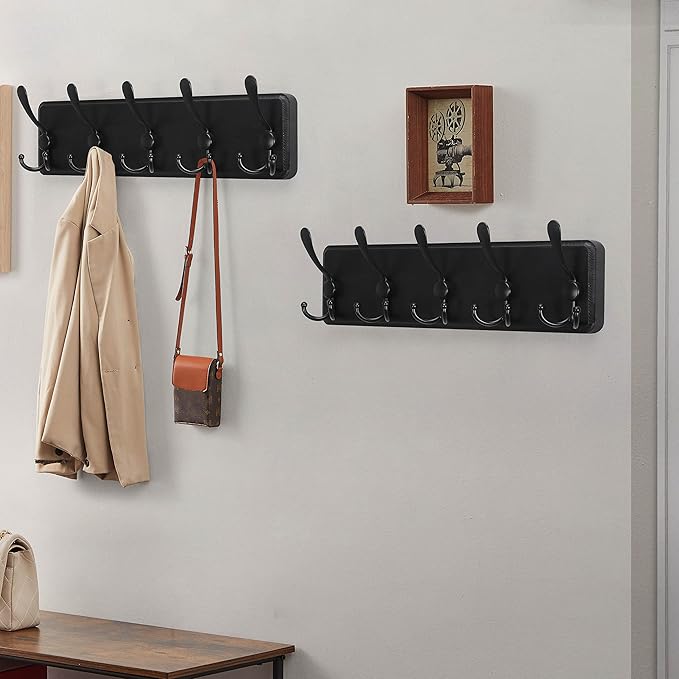 Dseap Coat Rack Wall Mounted - 5 Tri Hooks, Heavy Duty, Wooden Wall Coat Hanger Coat Hook for Clothes Hat Jacket Clothing, Bl