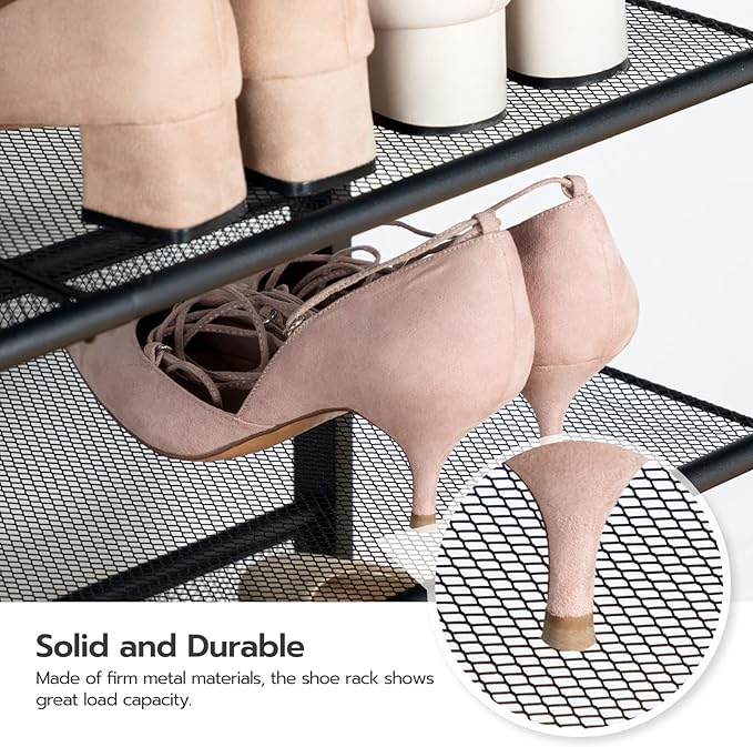 HOOBRO Shoe Rack for Entryway, 4-Tier Shoe Organizer with Adjustable Mesh Shelves, 12-16 Pairs of Shoes, Spacious Floor Mount