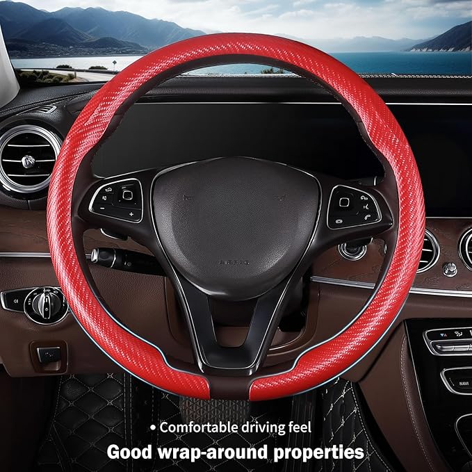 Car Steering Wheel Cover Carbon Fiber Snap On Steering Wheel Accessories Wrap 14.5-15 inch Universal Grip Anti-Skid Protector, Matte Red