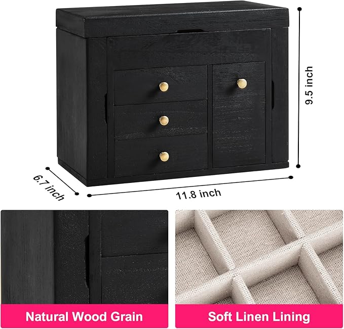Poyilooo Jewelry Box Organizer, Solid Wood Jewelry Boxes for Women, Double Layer Jewelry Organizer Box Display Earring Neckla