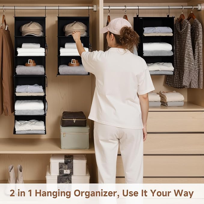 StorageWorks Hanging Closet Organizer 6-Shelf, Separable Two 3 Shelf Closet Storage Organizer with Side Pockets, Portable Han