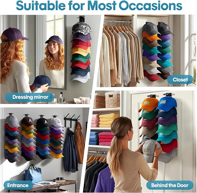 Hat Organizer for Baseball Caps, 2 Pack Hat Rack for Wall Closet Door Hold up to 16 Hats,Hat Holder with Adhesive and 8 Screw