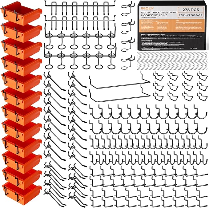 INCLY 276PCS Extra Thick 1/4" Pegboard Accessories Organizer Kit, Heavy Duty Black Pegboard Hooks with Bins & Paper Towel Hol