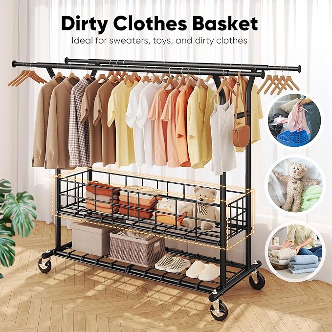 HOKEEPER Heavy Duty Clothes Rack Load 635 LBS, Clothing Rack for Hanging Clothes, Adjustable Black Double Rod with Metal Bask