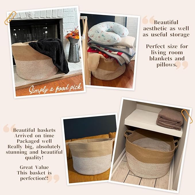 INDRESSME Extra Large Woven Baskets for Storage, 21.7'' x 13.8'' Wicker Basket with Handle for Blankets, Big Laundry Baskets 