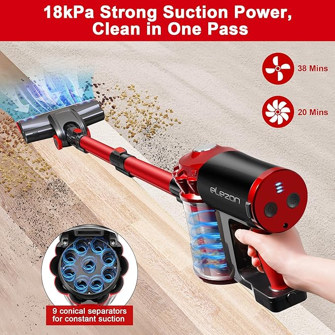 elezon A200 Cordless Vacuum Cleaner, Stick Vacuum with Powerful Suction, 38 Mins Runtime, Rechargeable Battery, HEPA Filter, 