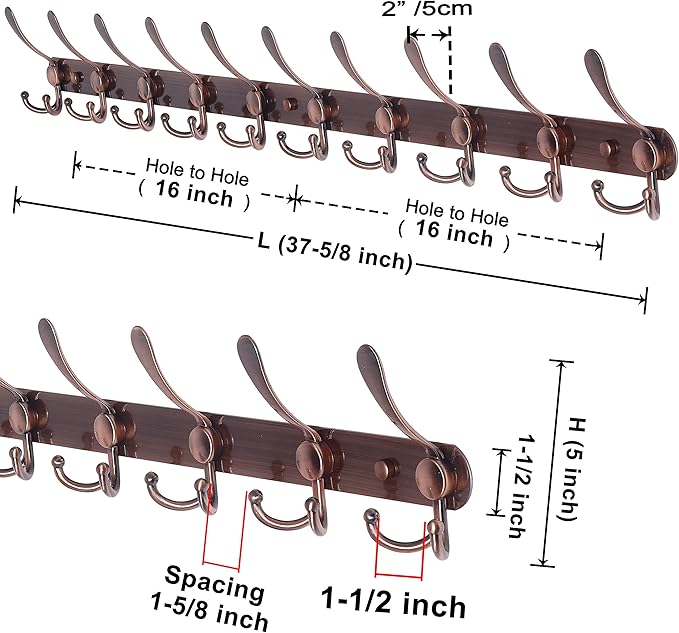Dseap Coat Rack Wall Mount - 38” Long 10-Tri-Hooks Heavy Duty Coat Hanger Rail Wall Hooks for Hanging Coats Hats Clothing Clo