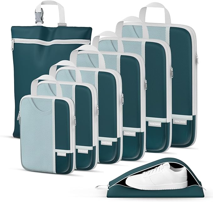 Percover Compression Packing Cubes 8-Piece Set, Packing Cubes Compression for Travel with Laundry Bag & Shoe Bag, Travel Orga