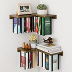 Floating Bookshelves for Wall Set of 2 - Corner Floating Shelves for Books, Rubberwood Wall Mount Bookshelf, Unique Wall Book