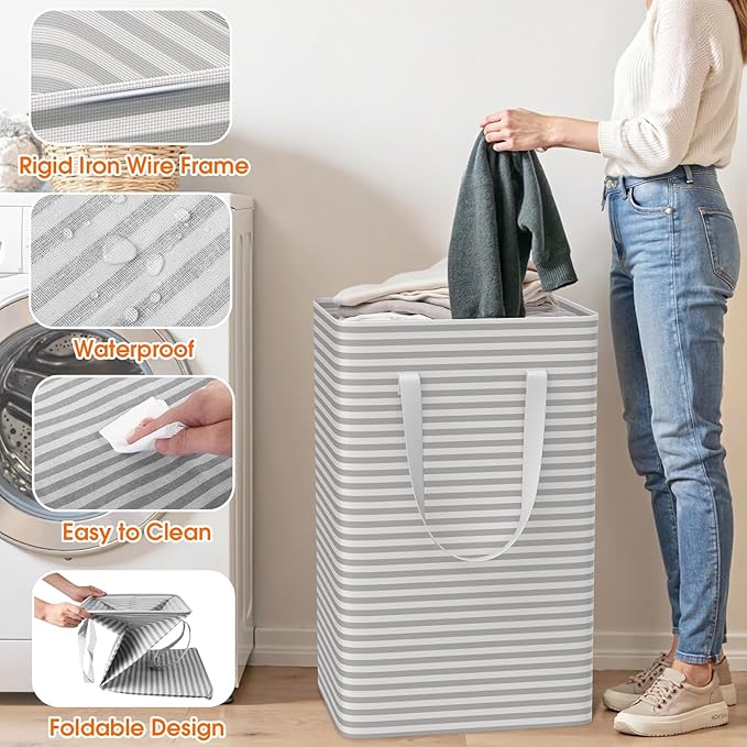 3 Pack Large Laundry Basket,Waterproof & Freestanding Laundry Hamper,Collapsible Clothes Hampers with Easy Carry Long & Reinf
