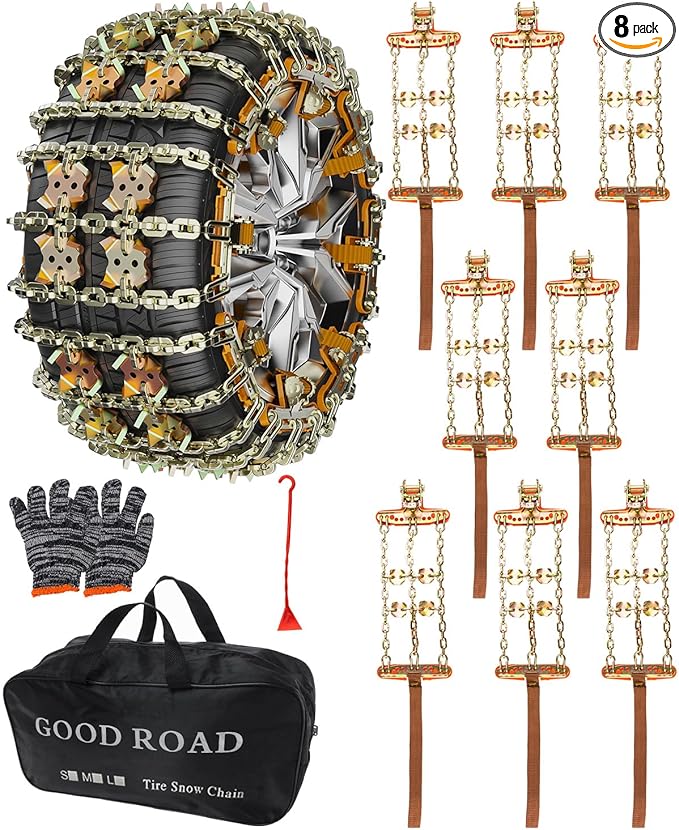 KYX Tire Chains for Car/SUV/Pickup Truks, Adjustable Universal Emergency Snow Chains for Tire, 8.7-11.1 inch, 8 Pcs