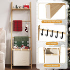 63" Bamboo Blanket Ladder with Shelf, Fabric Basket and 5 Hooks, 4 Tier Leaning Blanket Rack, Farmhouse Towel Ladder Rack, De