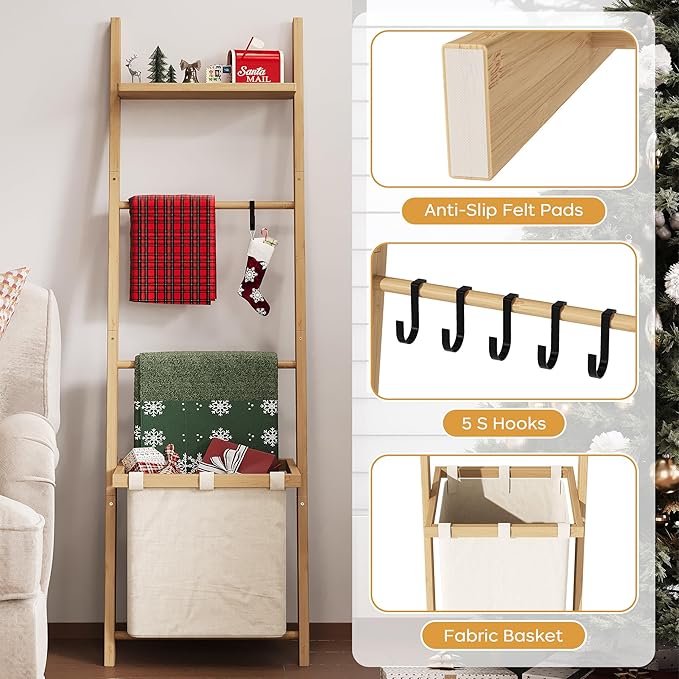 63" Bamboo Blanket Ladder with Shelf, Fabric Basket and 5 Hooks, 4 Tier Leaning Blanket Rack, Farmhouse Towel Ladder Rack, De