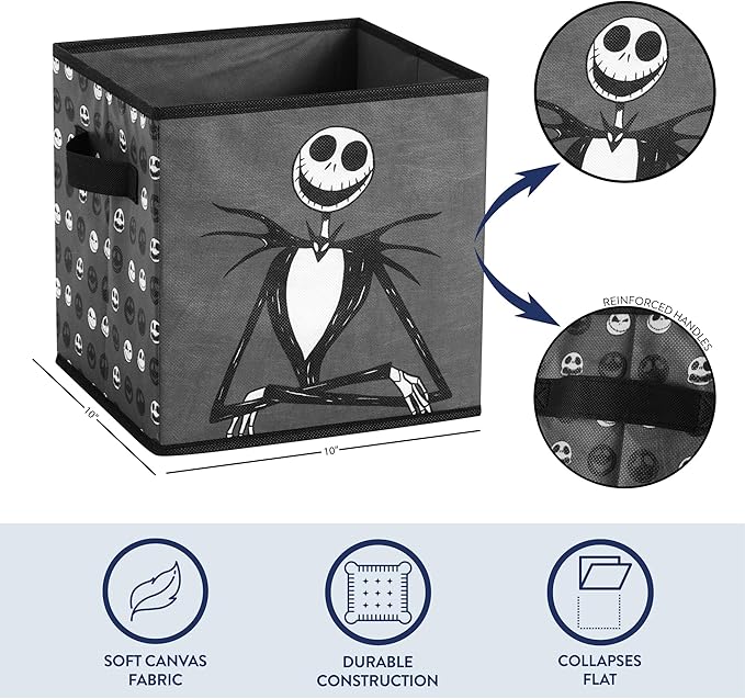 Nightmare Before Christmas Jack and Sally Set of 2 Durable Storage Cubes with Handles, 10"x10"x10" Cubes