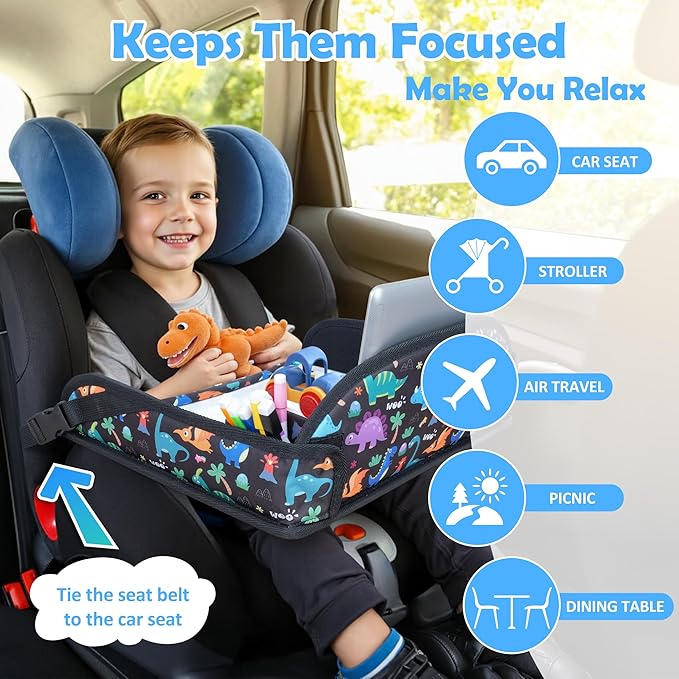 2Pcs Kids Travel Tray for Toddler Carseat, Road Trip Activities Essentials for Toddler, Kids Lap Desk Tray with Tablet Holder Stand ＆ Dry Erase Board (Dinosaur-2Pcs)