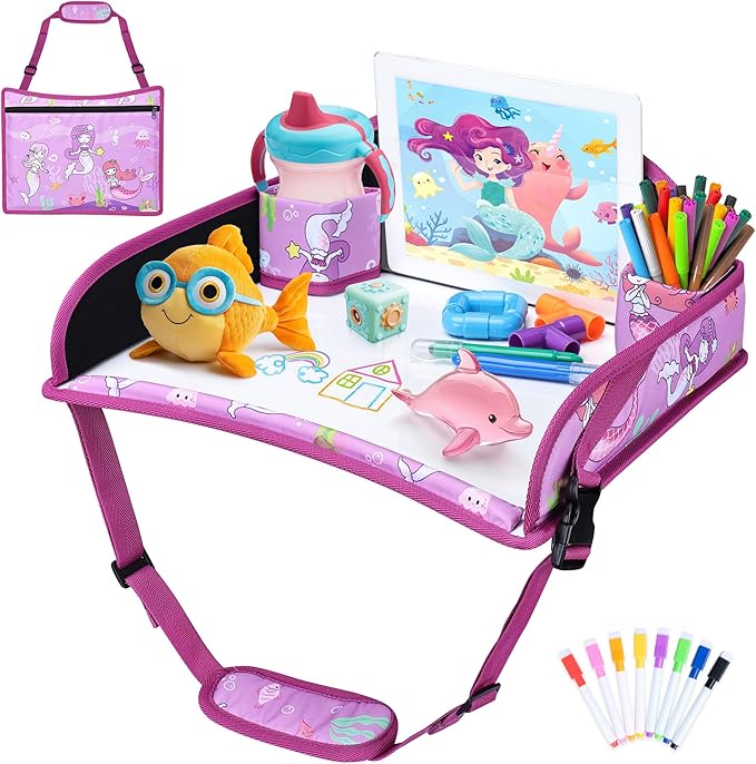 Kids Travel Tray for Toddler Carseat, Road Trip Activities Essentials for Toddler, Kids Lap Desk Tray with Tablet Holder Stand ＆ Dry Erase Board (Mermaid)