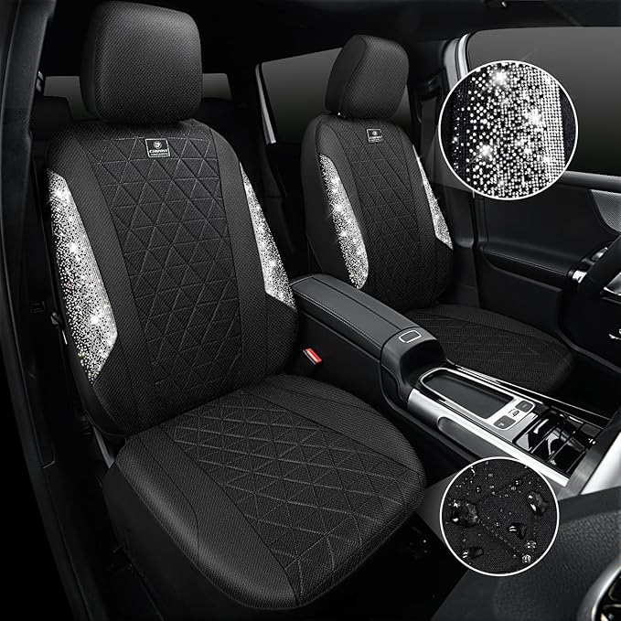 CAR PASS Oxford Bling Diamond Car Seat Covers 2 Front Interior Sets, Waterproof Shining Glitter Sparkly Crystal Universal Arm