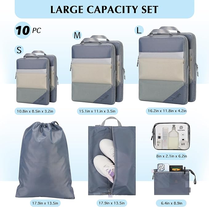 PFEYRPK Lightweight Compression Packing Cubes for Suitcases, Compressible Expandable Travel Packing Organizer with Clear Toil