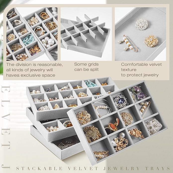 Junkin 12 Pcs Jewelry Tray Velvet Stackable Jewelry Organizer Trays Divided Earring Accessories Storage Containers Box (Rose 