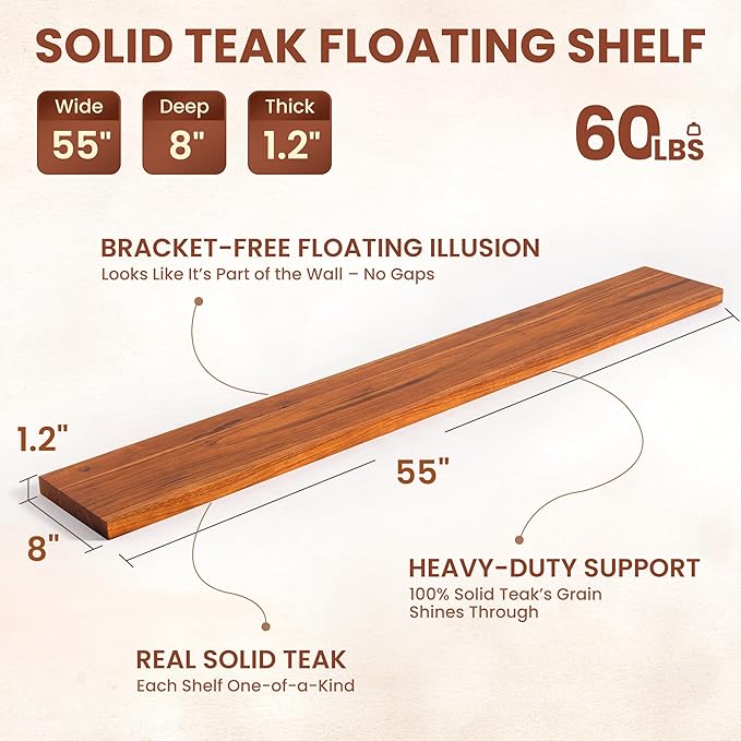 55 Inch Solid Wood Floating Shelf - 100% Solid Teak Wood Wall Shelf with Invisible Brackets - Waterproof Natural Wood Shelves