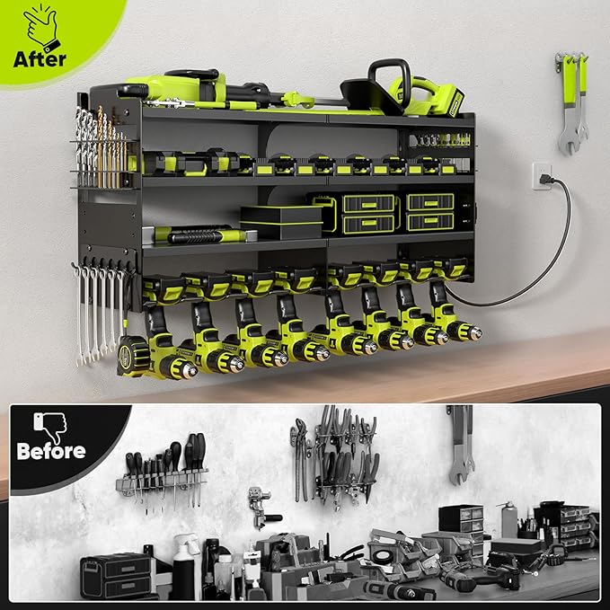 POKIPO Large Power Tool Organizer Wall Mount with Charging Station,4 Layer Heavy Duty Metal Tool Storage Rack Loads 600lbs wi