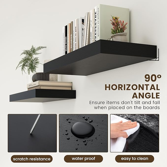 30 Inch Floating Shelves | 12 Inch Deep Black Floating Shelves | 30" W x 12" D Rustic Wood Shelves for Wall | Deep Black Shel