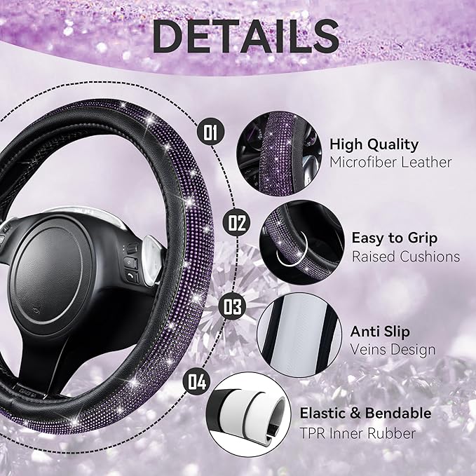 CAR PASS Bling Diamond Leather Steering Wheel Cover 14.5in-15in Floor Mats Shining Rhinestone Carpet Sparkly Glitter Crystal Anti-Slip Pad Fit Automotive SUV Pickup Truck Girl Women, 5pcs Black Purple