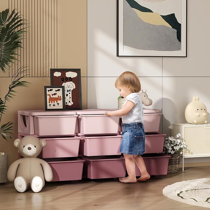 Qaba 3 Tier Kids Storage Unit, Toy Organizers and Storage with 9 Drawer Chest for Kids Bedroom Nursery Kindergarten Living Ro