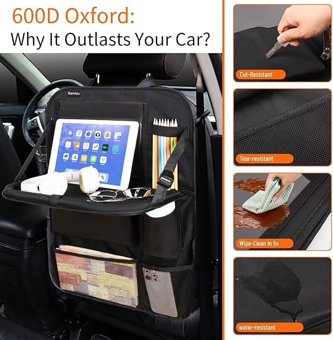 2 Pack Car Backseat Organizer with Foldable Table Tray, 12 Storage Pockets Kick Mats Protector Tablet Holder for Family Travel (Black)