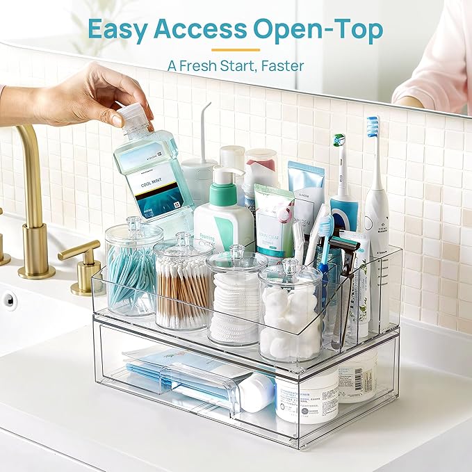 Vtopmart 6 PCS Bathroom Countertop Organizer, 1 Divided Tray with 4 Qtip Holder Jars and 1 Drawers, Restroom Clear Organizers