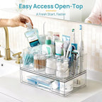 Vtopmart 6 PCS Bathroom Countertop Organizer, 1 Divided Tray with 4 Qtip Holder Jars and 1 Drawers, Restroom Clear Organizers